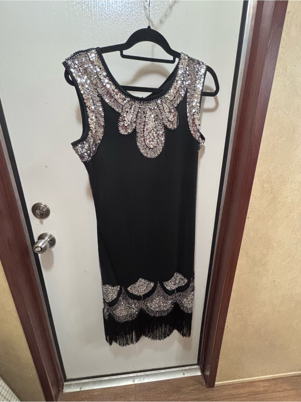 Embellished Black Sleeveless Midi Dress with Fringe